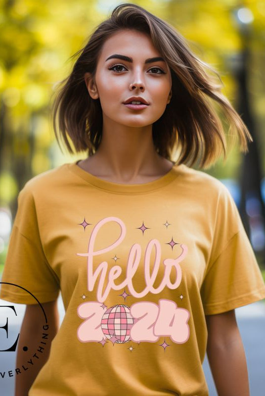 Say hello to 2024 in style with our exclusive 'Hello 2024' shirt. This sleek design captures the essence of new beginnings, on a yellow shirt. 