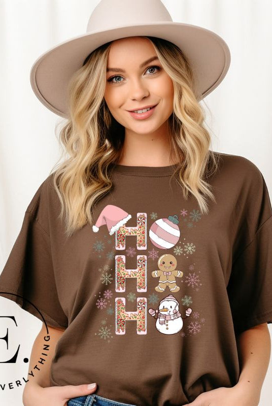 Add a whimsical touch to your holiday wardrobe with our gingerbread "Ho Ho Ho" Christmas shirt on a brown colored shirt.