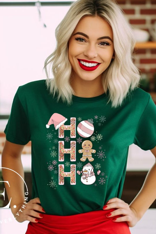 Add a whimsical touch to your holiday wardrobe with our gingerbread "Ho Ho Ho" Christmas shirt on a green colored shirt.