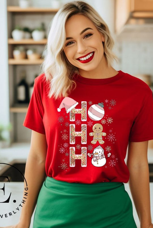 Add a whimsical touch to your holiday wardrobe with our gingerbread "Ho Ho Ho" Christmas shirt on a red colored shirt.