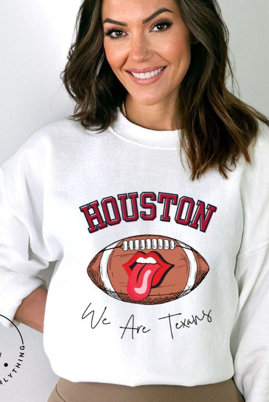 Embrace your Houston Texans pride with our exclusive sweatshirt. It features the team's name and an empowering slogan, "We Are Texans." On a white sweatshirt. 