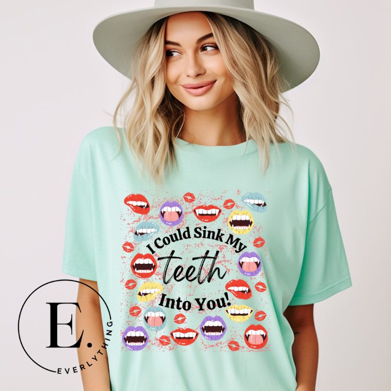 Sink your teeth into Halloween style with our vampire lips shirt. Adorned with a collection of seductive vampire lips, this shirt mesmerizes with its allure. The cheeky message, 'I could sink my teeth into you,' adds a playful twist on a mint shirt. 