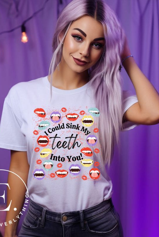 Sink your teeth into Halloween style with our vampire lips shirt. Adorned with a collection of seductive vampire lips, this shirt mesmerizes with its allure. The cheeky message, 'I could sink my teeth into you,' adds a playful twist on a white shirt. 