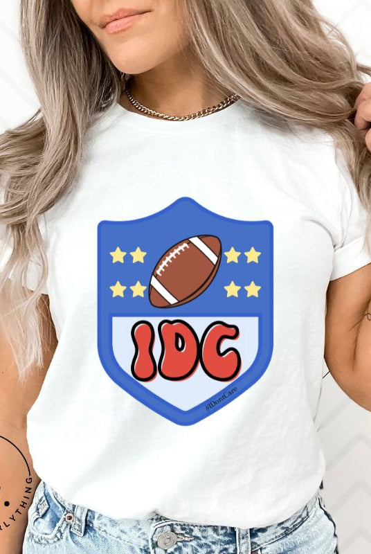 Elevate your game day vibe with our Bella Canvas 3001 unisex tee featuring a cheeky NFL logo design with the letters IDC in place of NFL- because sometimes, we just don't care who wins! Show your laid-back fandom and comfy style on this white shirt. 