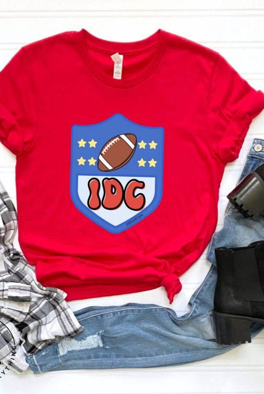 Elevate your game day vibe with our Bella Canvas 3001 unisex tee featuring a cheeky NFL logo design with the letters IDC in place of NFL- because sometimes, we just don't care who wins! Show your laid-back fandom and comfy style on this red shirt. 