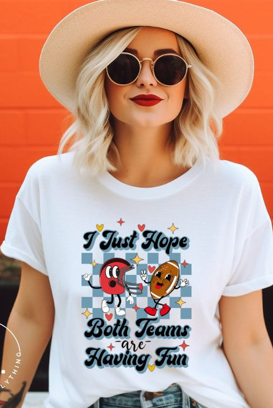 Dress in game day spirit with our Bella Canvas 3001 unisex tee! Featuring a retro design and the fun mantra, "I just hope both teams are having fun," on a white shirt. 