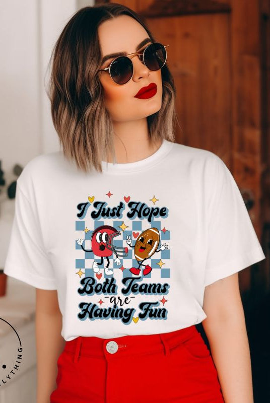 Dress in game day spirit with our Bella Canvas 3001 unisex tee! Featuring a retro design and the fun mantra, "I just hope both teams are having fun," on a white shirt. 