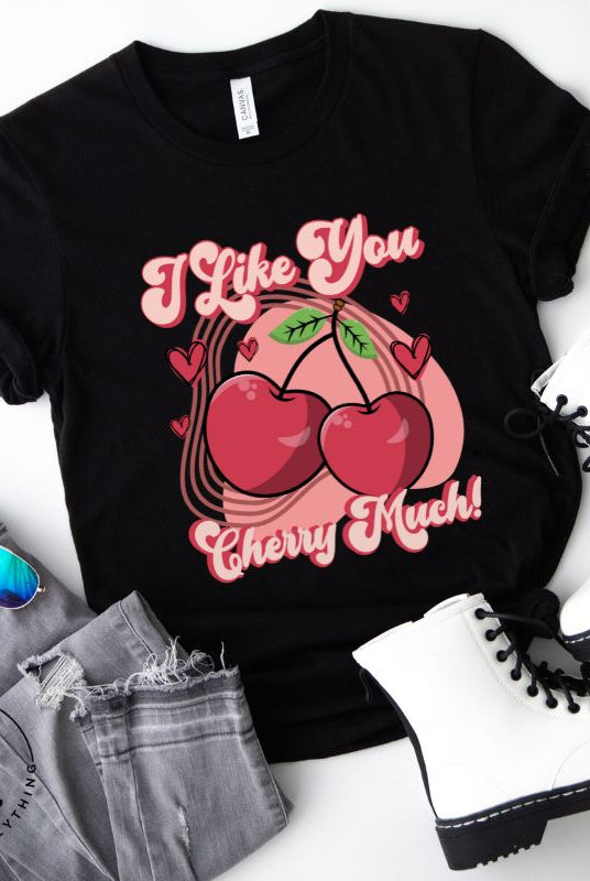 Express your affection with our charming Valentine's Day shirt! Featuring adorable cherries and the sweet message " I Love You Cherry Much," on a black shirt. 