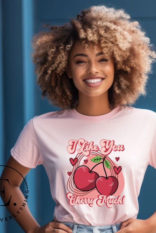 Express your affection with our charming Valentine's Day shirt! Featuring adorable cherries and the sweet message " I Love You Cherry Much," on a pink shirt. 
