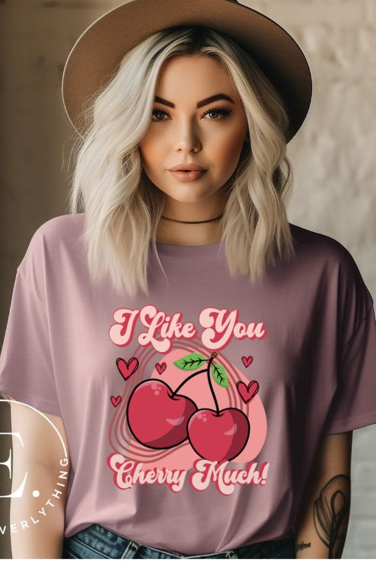 Express your affection with our charming Valentine's Day shirt! Featuring adorable cherries and the sweet message " I Love You Cherry Much," on a mauve shirt. 