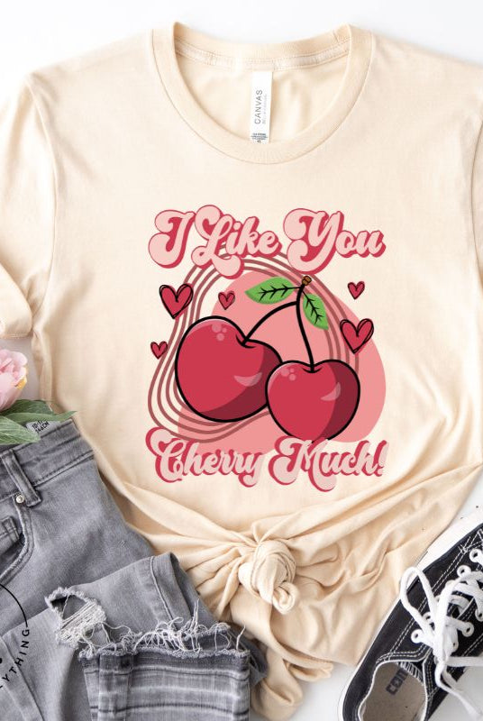 Express your affection with our charming Valentine's Day shirt! Featuring adorable cherries and the sweet message " I Love You Cherry Much," on a soft cream shirt. 
