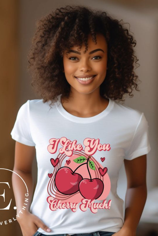 Express your affection with our charming Valentine's Day shirt! Featuring adorable cherries and the sweet message " I Love You Cherry Much," on a white shirt