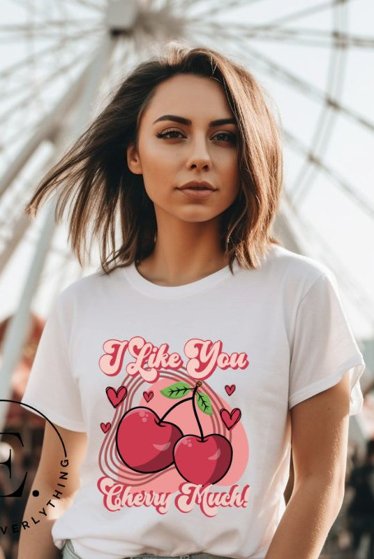 Express your affection with our charming Valentine's Day shirt! Featuring adorable cherries and the sweet message " I Love You Cherry Much," on a white shirt. 