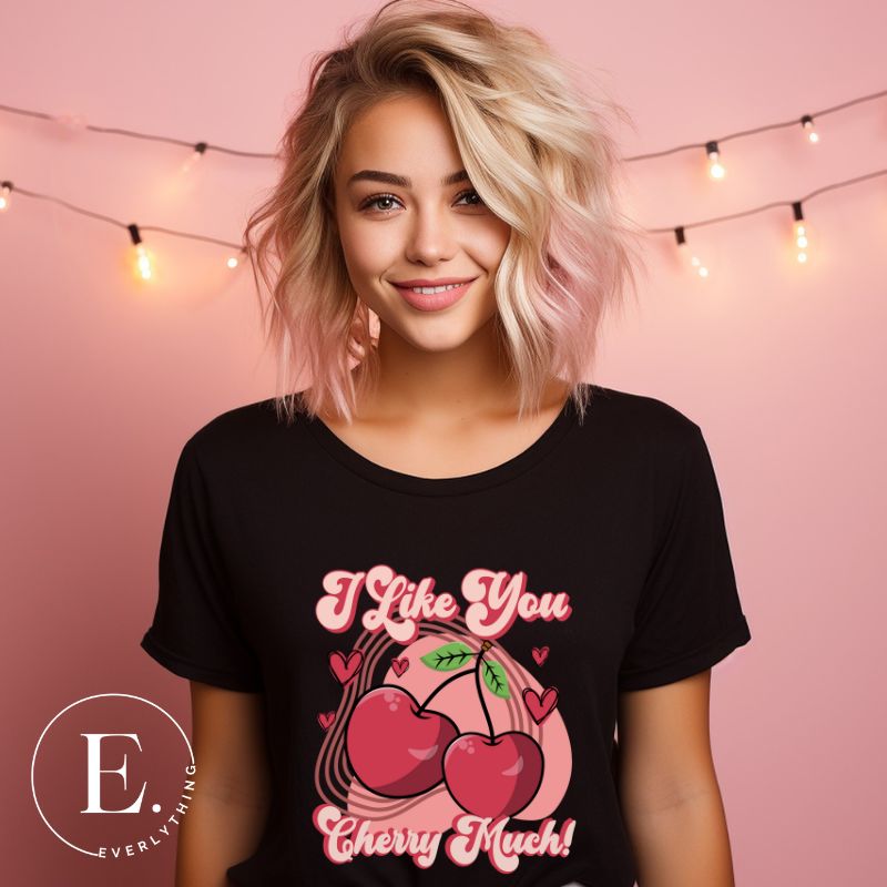 Express your affection with our charming Valentine's Day shirt! Featuring adorable cherries and the sweet message " I Love You Cherry Much," on a black shirt. 