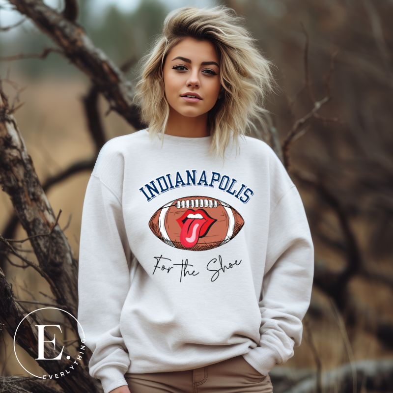 Show your Colts pride with our premium "For The Shoe" on a white sweatshirt. 