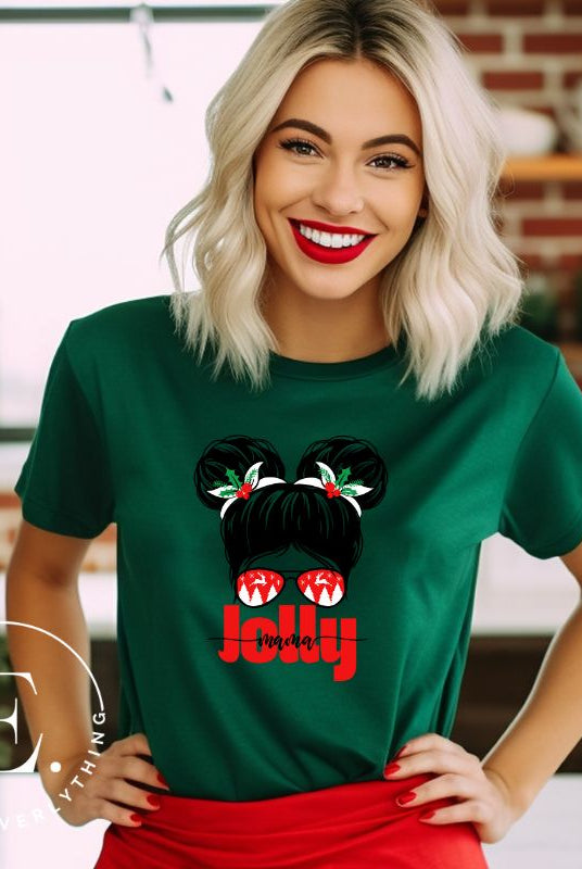 Get into the holiday spirit with our "Jolly Mama" Christmas Shirt! Featuring a stylish mom rocking pigtail buns and festive Christmas Sunglasses on a green colored shirt.