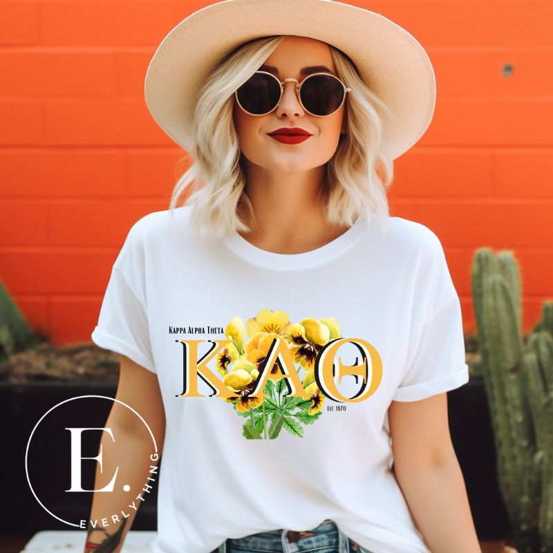 Get ready to show your Kappa Alpha Theta pride with our stunning sublimation t-shirt download featuring the sorority's letters and the elegant black and gold pansy on a white shirt. 