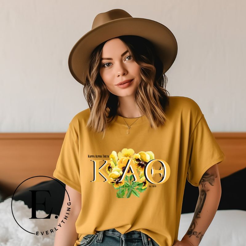 Get ready to show your Kappa Alpha Theta pride with our stunning sublimation t-shirt download featuring the sorority's letters and the elegant black and gold pansy on a gold shirt. 