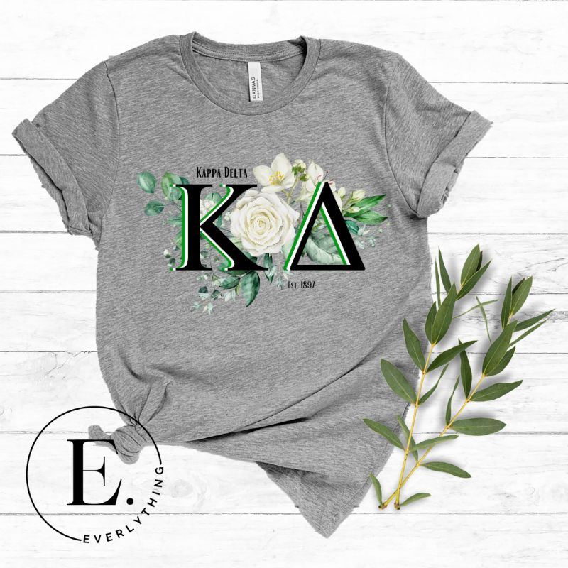 Show off your Kappa Delta sisterhood with our special sublimation t-shirt download. This design showcases the sorority's letters and the beautiful white rose on a grey shirt. 