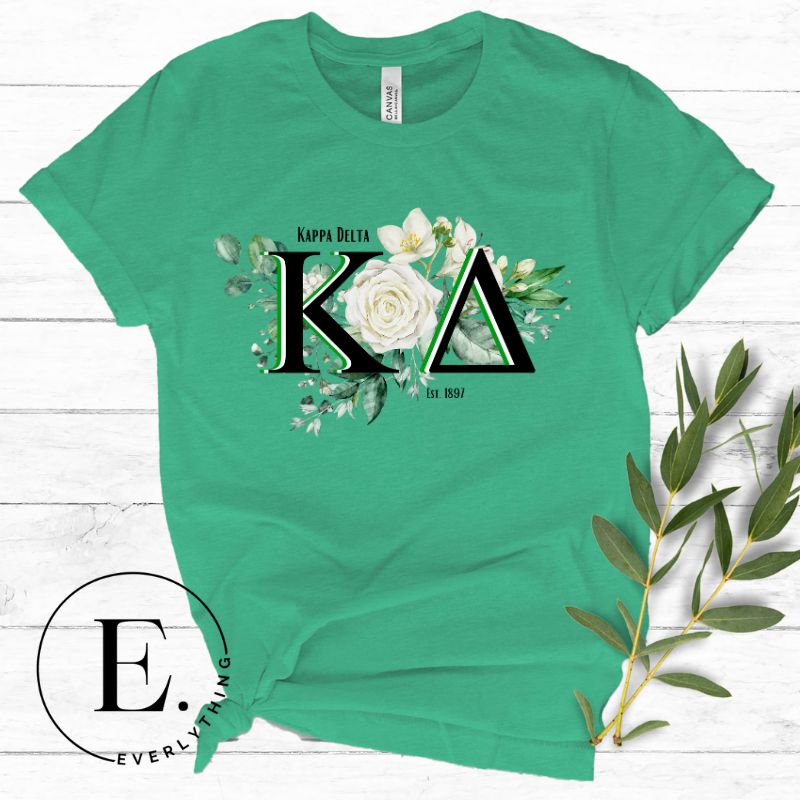 Show off your Kappa Delta sisterhood with our special sublimation t-shirt download. This design showcases the sorority's letters and the beautiful white rose on a kelly green shirt. 