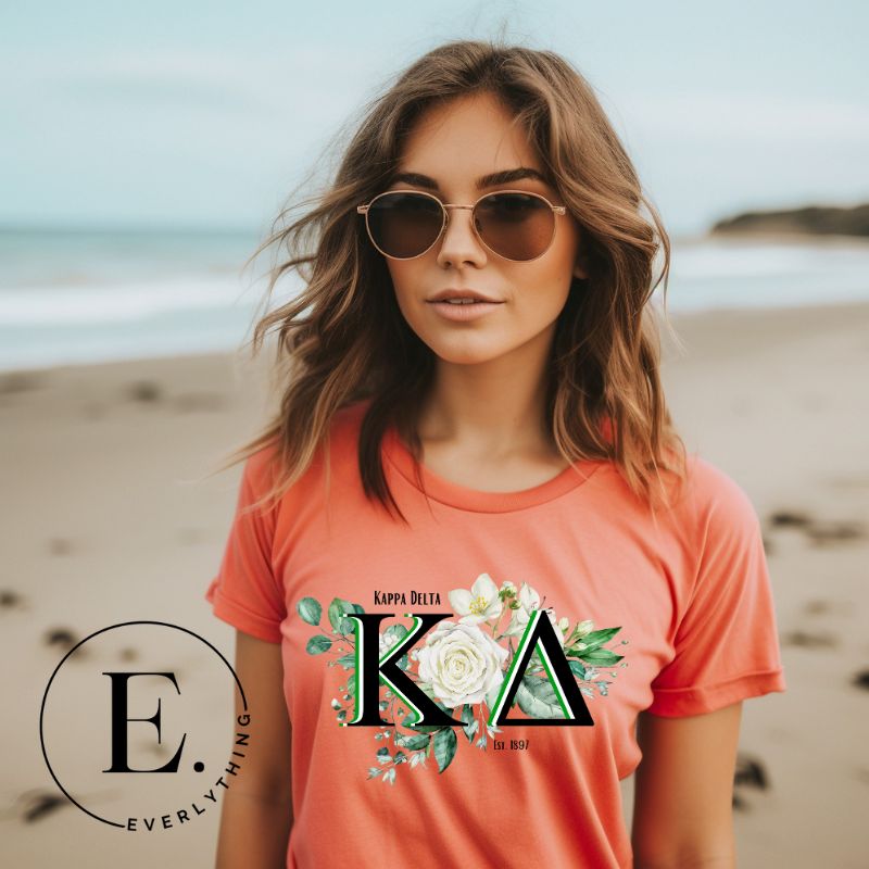 Show off your Kappa Delta sisterhood with our special sublimation t-shirt download. This design showcases the sorority's letters and the beautiful white rose on a peach shirt. 