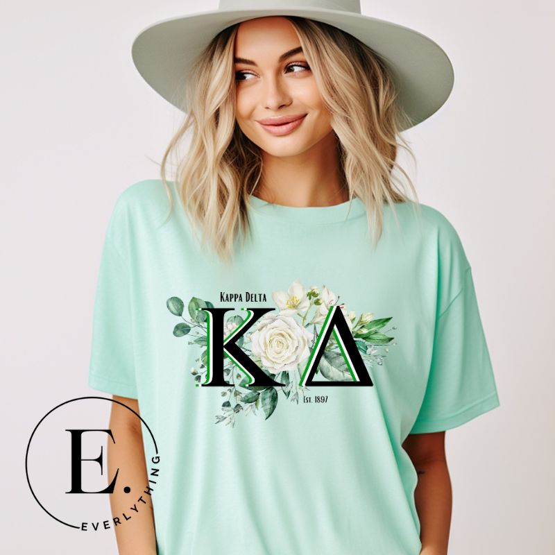 Show off your Kappa Delta sisterhood with our special sublimation t-shirt download. This design showcases the sorority's letters and the beautiful white rose on a mint shirt. 