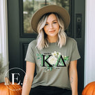 Show off your Kappa Delta sisterhood with our special sublimation t-shirt download. This design showcases the sorority's letters and the beautiful white rose on an olive shirt. 