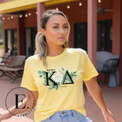 Show off your Kappa Delta sisterhood with our special sublimation t-shirt download. This design showcases the sorority's letters and the beautiful white rose on a yellow shirt. 
