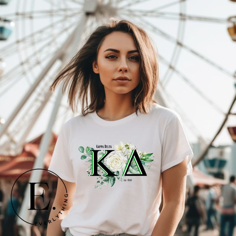 Show off your Kappa Delta sisterhood with our special sublimation t-shirt download. This design showcases the sorority's letters and the beautiful white rose on a white shirt. 