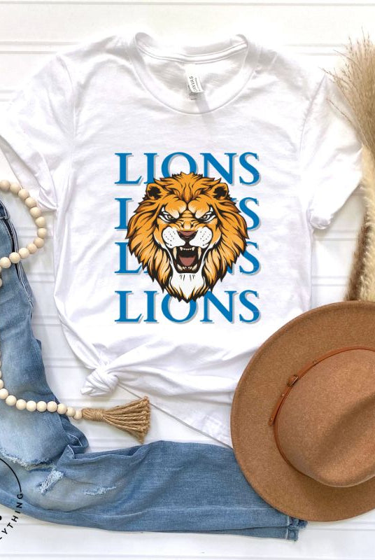 Roar in style with our Bella Canvas 3001 unisex graphic t-shirt featuring the "Lions Lions Lions Lions" design! Show your support for the Detroit Lions NFL football team with this bold  white shirt. 