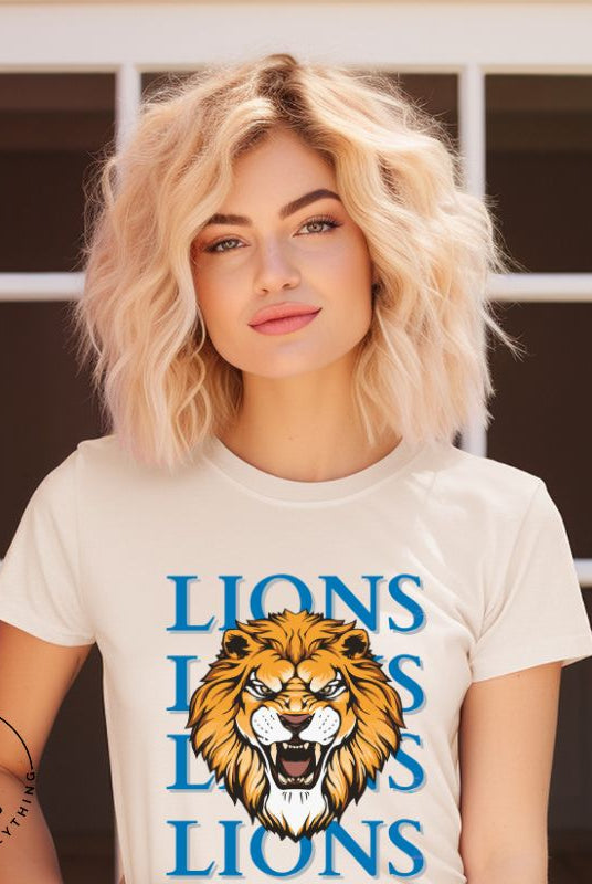 Roar in style with our Bella Canvas 3001 unisex graphic t-shirt featuring the "Lions Lions Lions Lions" design! Show your support for the Detroit Lions NFL football team with this bold soft cream shirt. 