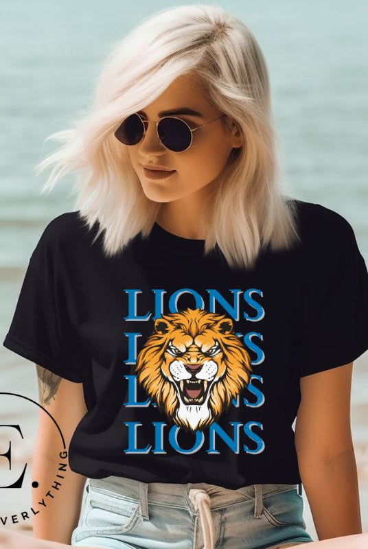 Roar in style with our Bella Canvas 3001 unisex graphic t-shirt featuring the "Lions Lions Lions Lions" design! Show your support for the Detroit Lions NFL football team with this bold black tee.