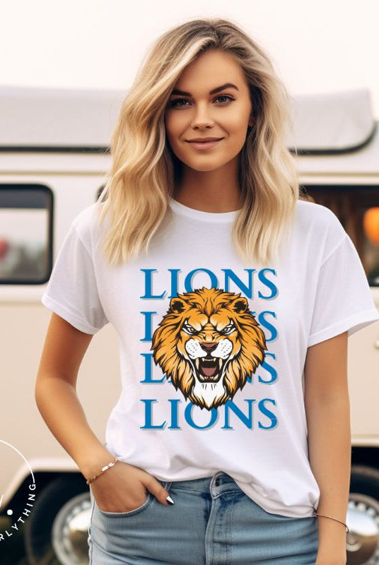 Roar in style with our Bella Canvas 3001 unisex graphic t-shirt featuring the "Lions Lions Lions Lions" design! Show your support for the Detroit Lions NFL football team with this bold  white shirt. 