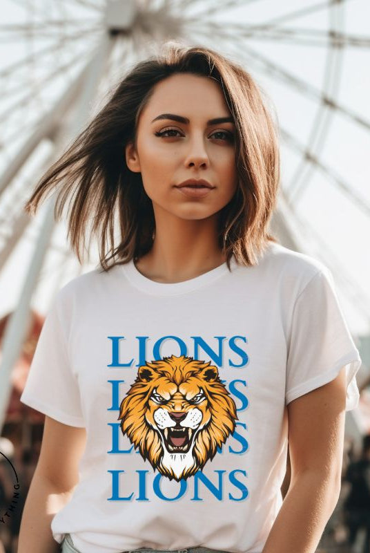 Roar in style with our Bella Canvas 3001 unisex graphic t-shirt featuring the "Lions Lions Lions Lions" design! Show your support for the Detroit Lions NFL football team with this bold  white shirt.