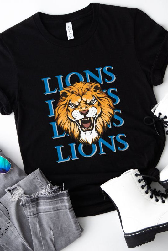 Roar in style with our Bella Canvas 3001 unisex graphic t-shirt featuring the "Lions Lions Lions Lions" design! Show your support for the Detroit Lions NFL football team with this bold  black tee.