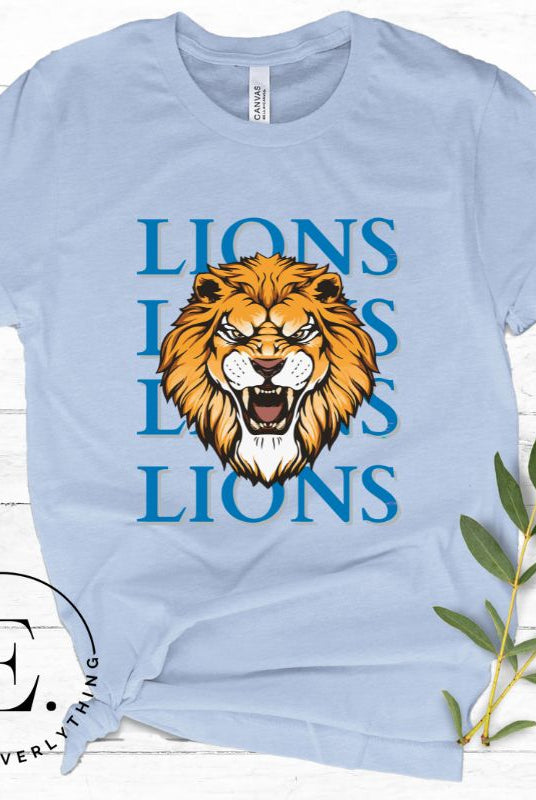 Roar in style with our Bella Canvas 3001 unisex graphic t-shirt featuring the "Lions Lions Lions Lions" design! Show your support for the Detroit Lions NFL football team with this bold  light blue shirt. 