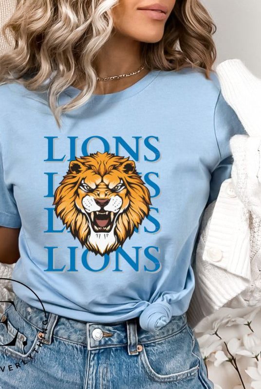 Roar in style with our Bella Canvas 3001 unisex graphic t-shirt featuring the "Lions Lions Lions Lions" design! Show your support for the Detroit Lions NFL football team with this bold  light blue tee.
