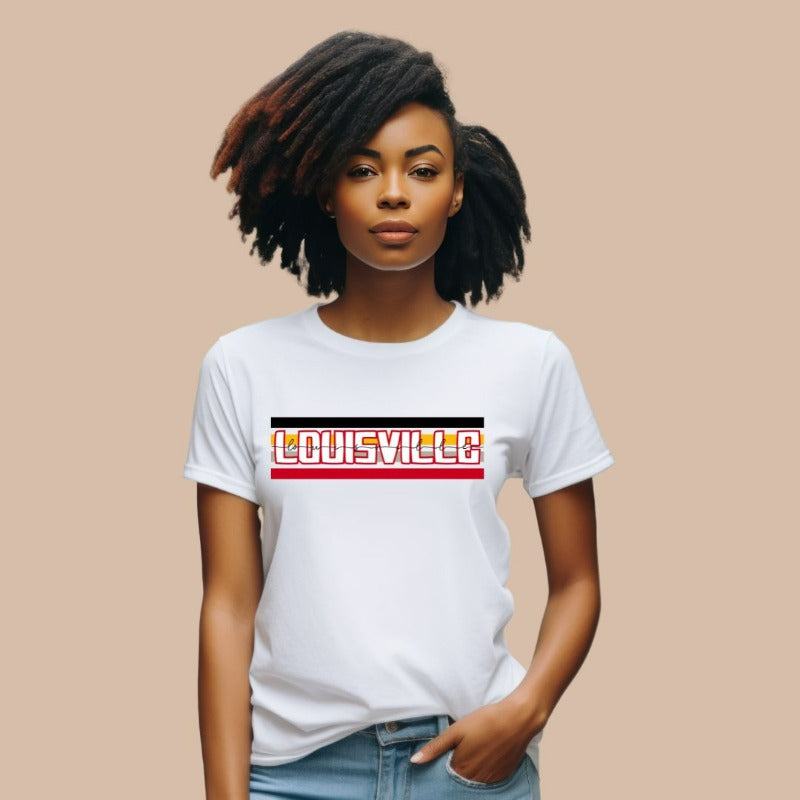 Bella + Canvas 3001 unisex t-shirt featuring the University of Louisville design with red, black, and yellow stripes, and "Louisville" text prominently displayed on a white shirt.