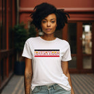 Bella + Canvas 3001 unisex t-shirt featuring the University of Louisville design with red, black, and yellow stripes, and "Louisville" text prominently displayed on a white shirt.