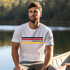 A Bella + Canvas 3001 unisex t-shirt featuring stylish stripes in black, red, and gold with "Louisville" text, perfect for University of Louisville fans, made of 100% combed and ring-spun cotton on a white shirt.