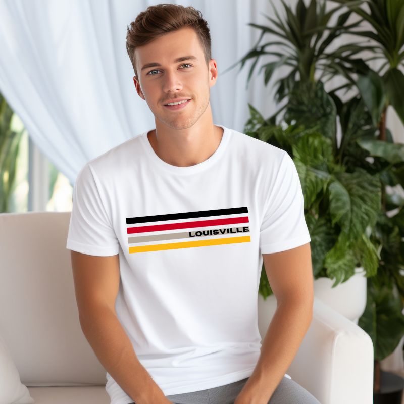 A Bella + Canvas 3001 unisex t-shirt featuring stylish stripes in black, red, and gold with "Louisville" text, perfect for University of Louisville fans, made of 100% combed and ring-spun cotton on a white shirt.