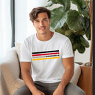 A Bella + Canvas 3001 unisex t-shirt featuring stylish stripes in black, red, and gold with "Louisville" text, perfect for University of Louisville fans, made of 100% combed and ring-spun cotton on a white shirt.