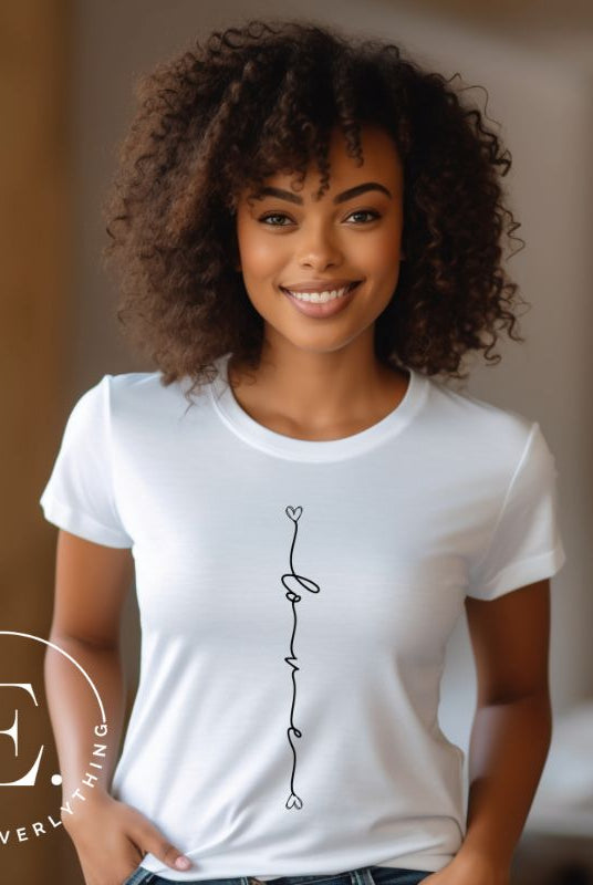 Elevate your everyday look with with our modern and trendy simple shirt, featuring the word "Love" elegantly displayed horizontally down the center of a white shirt. 