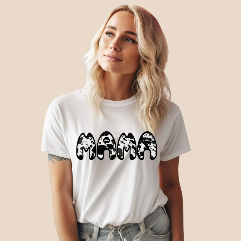 White Mama Cow Hide Print Graphic Tee - Mama & Mom Shirts | White Graphic Tees, White Graphic Tees