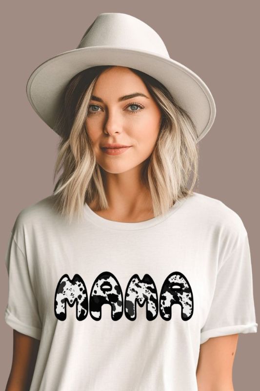 White Mama Cow Hide Print Graphic Tee - Mama & Mom Shirts | White Graphic Tees, White Graphic Tees