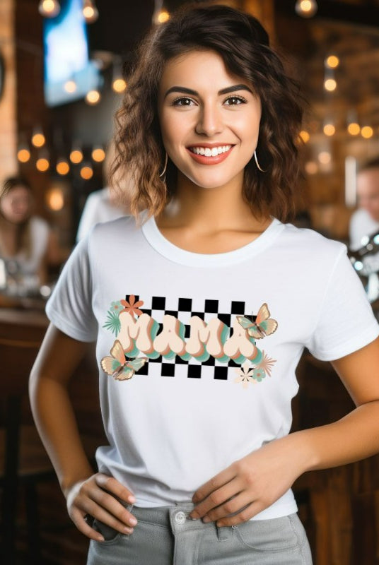 White Mama Graphic Tee with Checkered Background of Butterflies and Flowers | Mama Shirts, Mom Shirts
