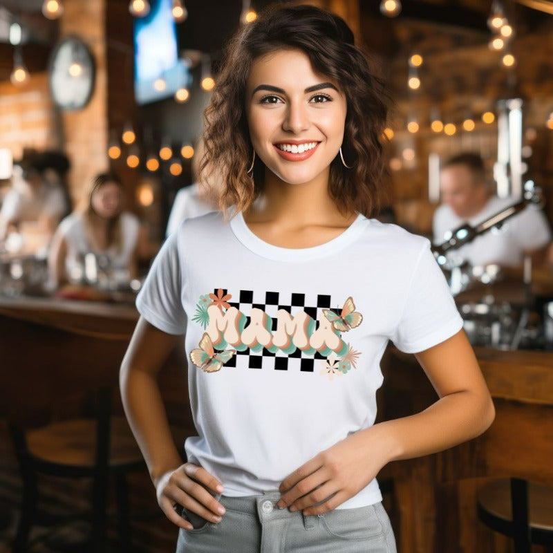 White Mama Graphic Tee with Checkered Background of Butterflies and Flowers | Mama Shirts, Mom Shirts