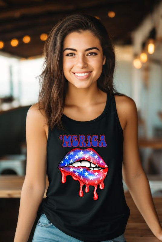 Image of a USA July 4th graphic Next Level Racerback Tank Top featuring the word "Merica" and USA themed lips on the front. This tank top showcases a playful and patriotic design, making it an ideal choice for celebrating Independence Day in style on a black tank. 