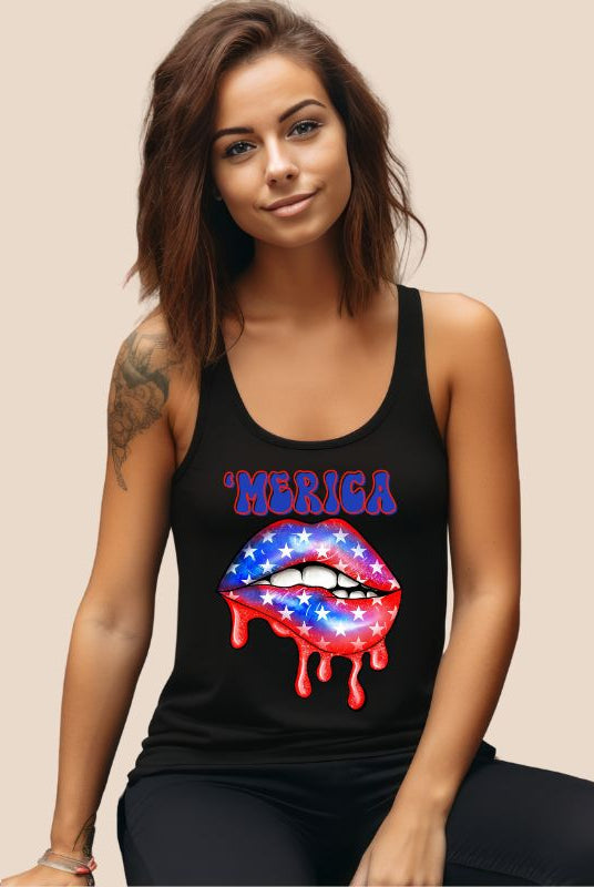 Image of a USA July 4th graphic Next Level Racerback Tank Top featuring the word "Merica" and USA themed lips on the front. This tank top showcases a playful and patriotic design, making it an ideal choice for celebrating Independence Day in style on a black tank.