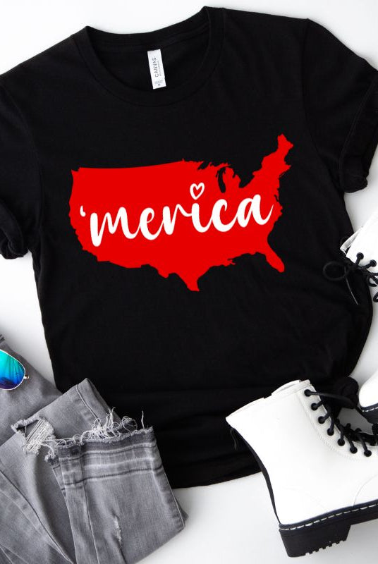 USA 'Merica PNG Sublimation Digital Download Design, on a black graphic tee. 